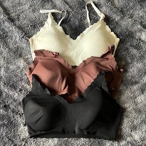 Set of Three Scalloped Bralettes - Cream, Brown, Black